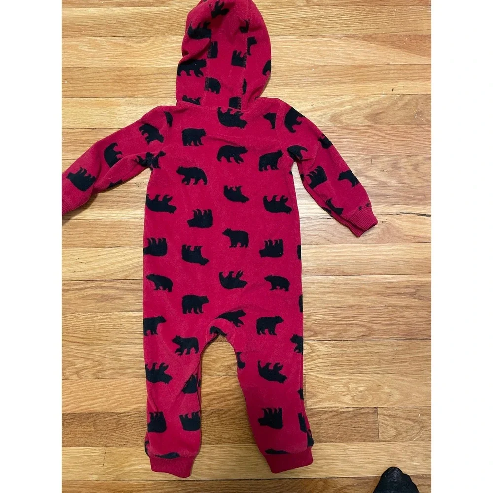 Carters Fleece Hooded Pajamas Sleepsuit 18 Months Red Black Bear Cozy‎